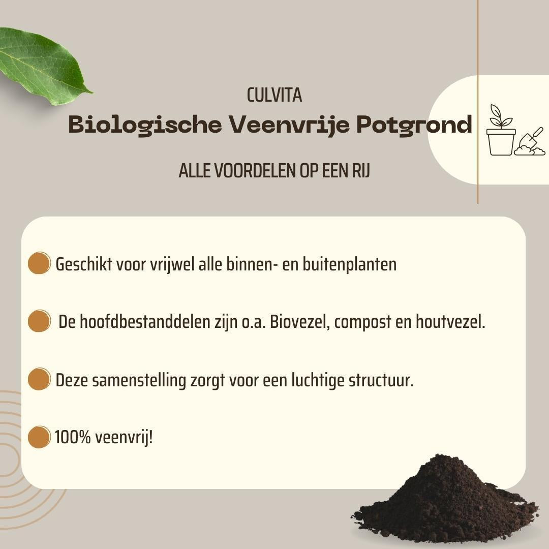 Culvita | Biologische Veenvrije potgrond 40 liter - Potgrond voor kamerplanten & buitenplanten - inclusief organische meststof